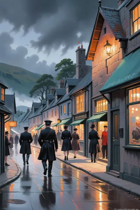 fine art digital painting, a scottish village