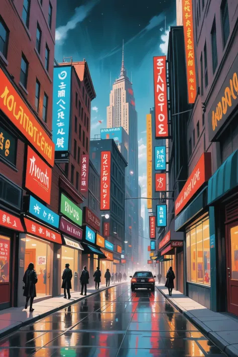 fine art digital painting, trendy urban street in a wonderous fantasy metropolis at the beginning of reality