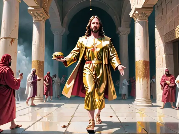 a 2.5d render, jesus wearing a gold lamiae suit and leather sandal hightops, standing, eating, hamburger, action pose, background ancient Jerusalam