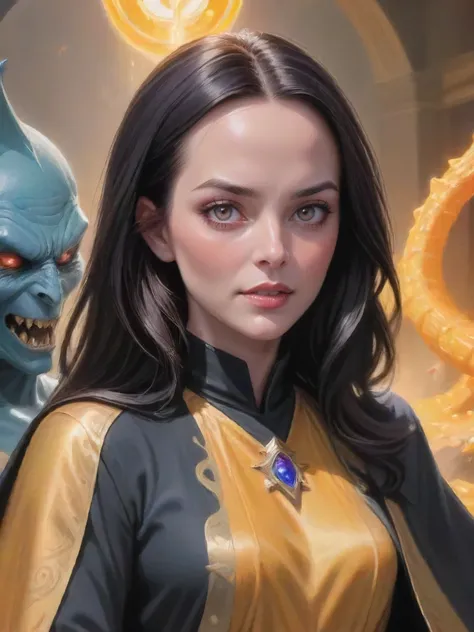 D&D style portrait, fantasy, digital art, hip level shot of a cultist of hastur, mouth of Carole Bouquet, chin of Melissa George, very happy, glinting eyes pose, detailed face, full color, magic atmosphere, beautiful composition, warm light, winning, epic composition, romantic
