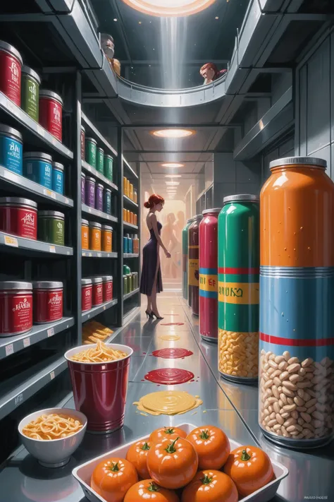 fine art digital painting, Food Rations Storage \(room\) in a Metaphysical,ghostly scifi arcology beyond the end of the multiverse