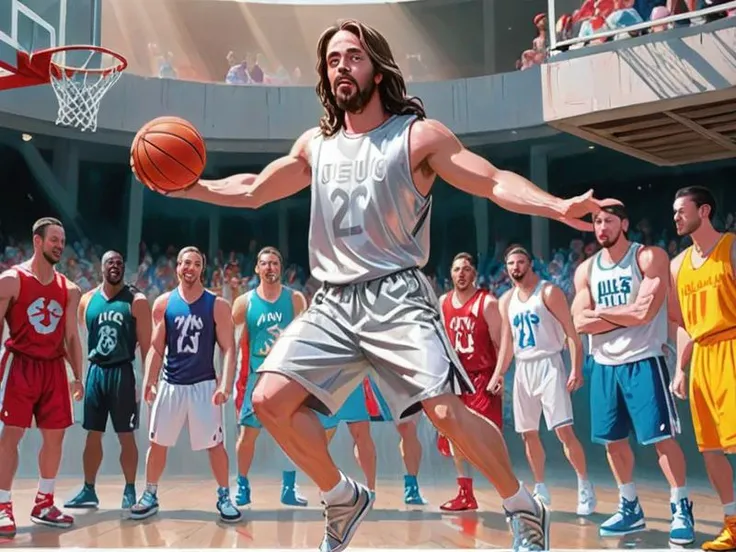 fine art digital painting, Jesus wearing a silver basketball uniform and sandal high-tops, jumping, basketball, action pose, background stone basketball court , <lora:add-detail-xl:1>