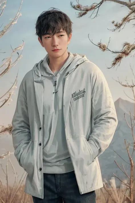 (1boy,), (best quality), (masterpiece), (high resolution), (intricate details), (photorealistic), (cinematic light). <lora:Ss9:0.8>
solo, 1boy, male focus, black hair, tree, jacket, hoodie, hood, white hoodie, pants, realistic, hand in pocket, bare tree, looking at viewer, drawstring, cowboy shot, outdoors, long sleeves, black eyes, hood down