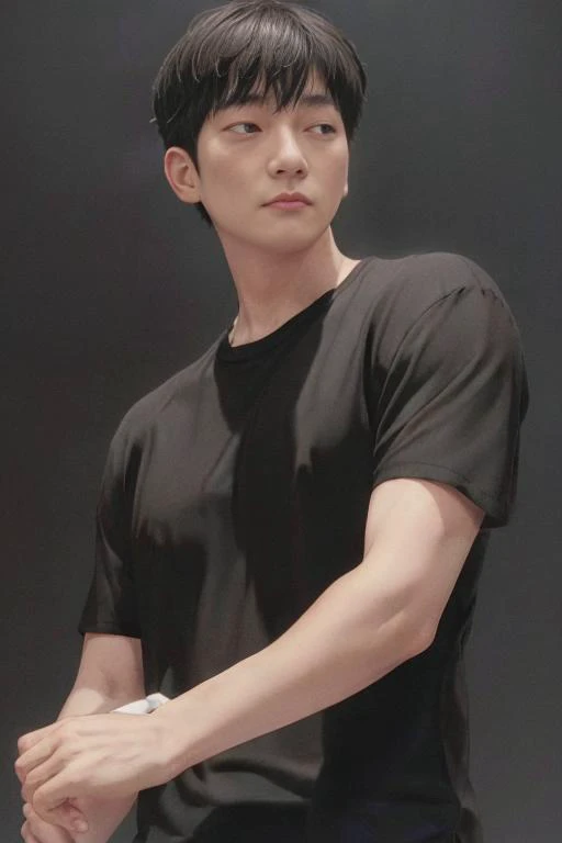 (1boy,), (best quality), (masterpiece), (high resolution), (intricate details), (photorealistic), (cinematic light). <lora:Ss9:0.8>
solo, male focus, realistic, black hair, bracelet, shirt, jewelry, black shirt, grey background, simple background, upper body, t-shirt, black eyes, closed mouth