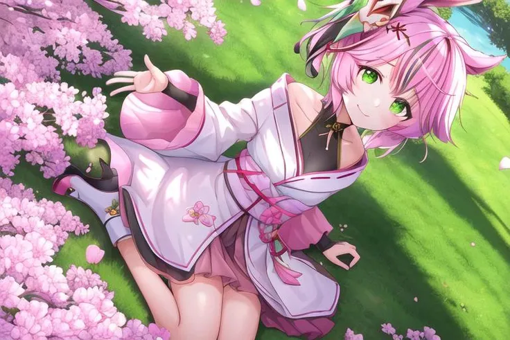 <lora:lan_1_(tower_of_fantasy):0.7>(high quality:1.1), (hige resolution:1.1), (wariza:1.4) on grass, (clear light and shadow:1.1),
lan 1 \(tower of fantasy\), 1girl, light smile, pink hair with (black streaks:0.8), short hair, green eyes, kimono, hair ornament, mask on head, (white socks:0.9), (high heels:0.8),
under the (sakura:0.6) in the (park:1.2)