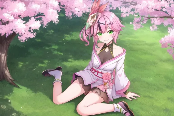 <lora:lan_1_(tower_of_fantasy):0.6>(high quality:1.1), (hige resolution:1.1), (wariza:1.4) on grass, (clear light and shadow:1.1),
lan 1 \(tower of fantasy\), 1girl, light smile, pink hair with (black streaks:0.8),  green eyes, kimono, hair ornament, mask on head, (white socks:0.9), (high heels:0.8),
under the (sakura:0.6) in the (park:1.2)