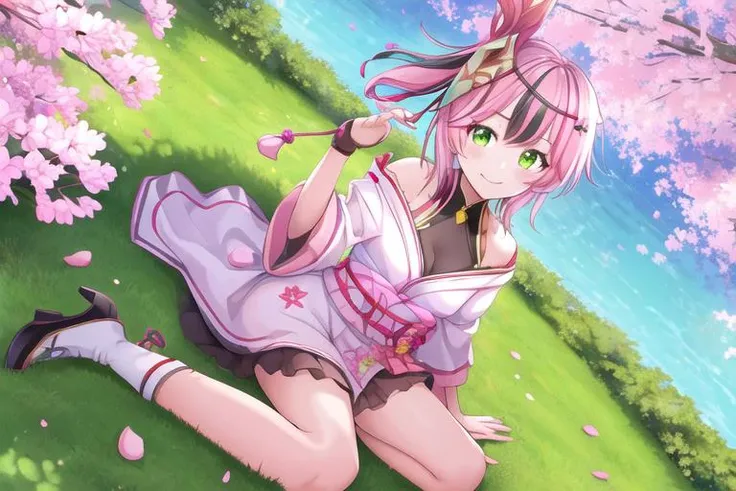<lora:lan_1_(tower_of_fantasy):0.6>(high quality:1.1), (hige resolution:1.1), (wariza:1.4) on grass, (clear light and shadow:1.1),
lan 1 \(tower of fantasy\), 1girl, light smile, pink hair with (black streaks:0.8), green eyes, kimono, hair ornament, mask on head, (white socks:0.9), (high heels:0.8),
under the (sakura:0.6) in the (park:1.2)