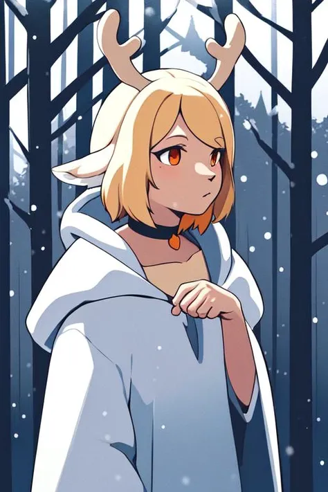 anthropomorphic animal, solo, deer, deer girl, antlers, choker,
white cloak, white dress, blonde, mage attire,
snow forest background<hypernet:noelle:0.75>