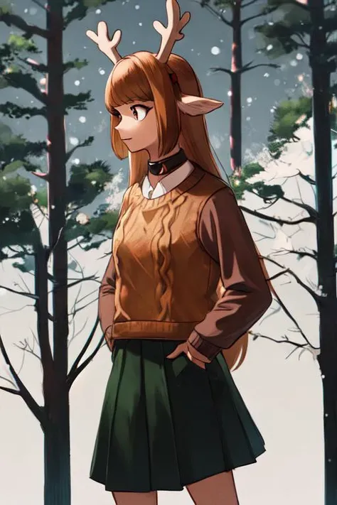 anthropomorphic animal, deer, deer girl, deer ears, antlers, long hair, solo,
skirt, sweater, choker,
christmas, snow, outside, pine forest background<hypernet:noelle:0.95>