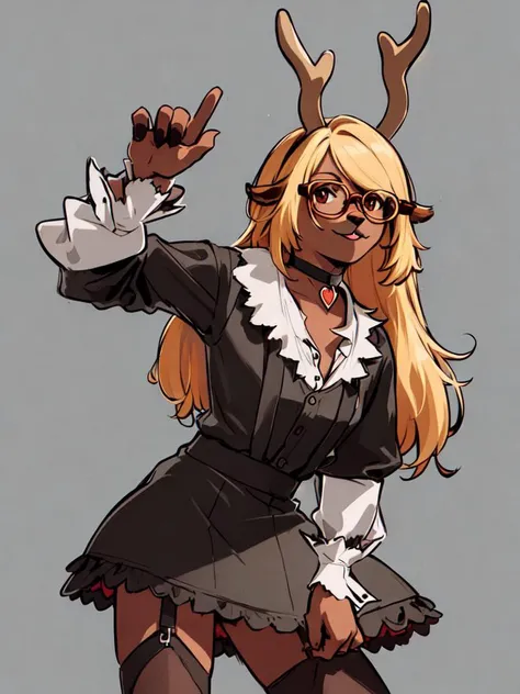 anthropomorphic animal, solo, deer, deer girl, antlers, choker,
long blonde hair, choker, glasses, empty hands,
gothic frilly clothes, short dress,
detailed background<hypernet:noelle:0.7>