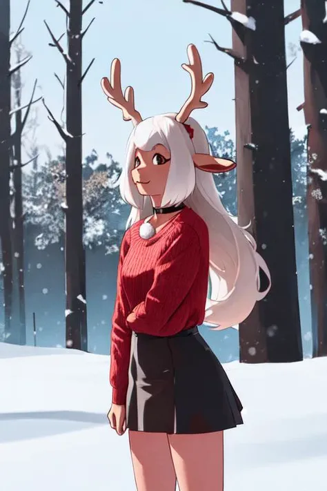 anthropomorphic animal, deer, deer girl, deer ears, antlers, long hair, solo,
skirt, sweater, choker,
christmas, snow, outside, pine forest background<hypernet:noelle:0.95>