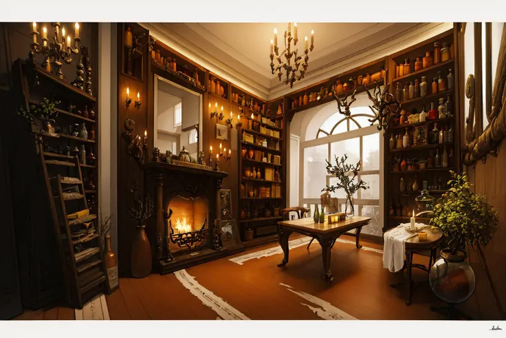 <lora:room:1>
anime,room
Magic world, ancient times, study room, balcony, glass dome
Lots of bookshelves, tables, chairs, fireplace, stone walls, chandeliers, windows
Wands, mage hats, robes, magic crystals, candles, mirrors, open books, lots of potted plants, potted plants on shelves, shelves, movable ladder, oil painting, plants on the wall, lots of filled jars and bottles, Small and large bottles, many scrolls, small shelves, globes, clocks