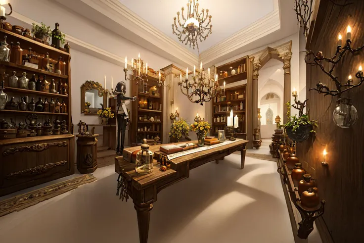 <lora:room:1>
anime,room
Magic world, ancient times, study room, balcony, glass dome
Lots of bookshelves, tables, chairs, fireplace, stone walls, chandeliers, windows
Wands, mage hats, robes, magic crystals, candles, mirrors, open books, lots of potted plants, potted plants on shelves, shelves, movable ladder, oil painting, plants on the wall, lots of filled jars and bottles, Small and large bottles, many scrolls, small shelves, globes, clocks
