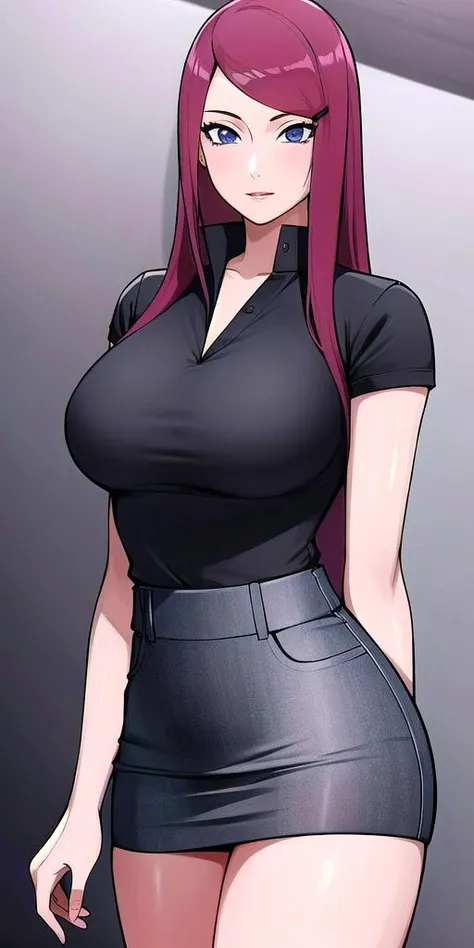 (Uhd, Masterpiece, Textured Skin, Super Detail, High Details, High Quality, Best Quality), Detailed Face, 1woman, mature pretty woman, Long black hair, (black crop top shirt), (black pants), (Huge Body:1.5, tall), sitting on a chair behind a office table, (Low-sized breasts), (Office room)