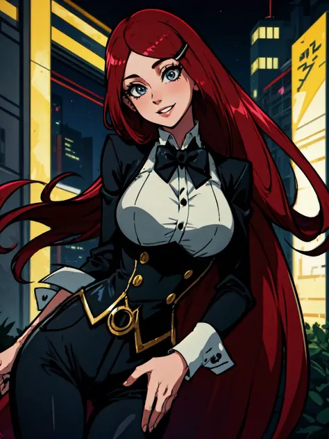 (masterpiece:1.2, best quality:1.2, beautiful, high quality, highres:1.1), detailed, extremely detailed 4K, perfect eyes, perfect face, perfect lighting, <lora:tool_addDetail:0.25>,(1girl, solo, adult female, mature female), <lora:detailed_eyes:0.7>,
[muscular:0.6], thin, lithe body, 
<lora:character_uzumakiKushinaNaruto_(Uzumaki_Kushina--tattoo_HakkeNoFuuinShiki--Kushina_green_dress--ponytail):0.65>, Uzumaki_Kushina, red hair, large breasts, (female wearing tuxedo:1.4), night time, park background, outside, tight clothes, smile, parted lips, black pants, black tailcoat, creased pants, corsage, buttoned jacket, white button down shirt
