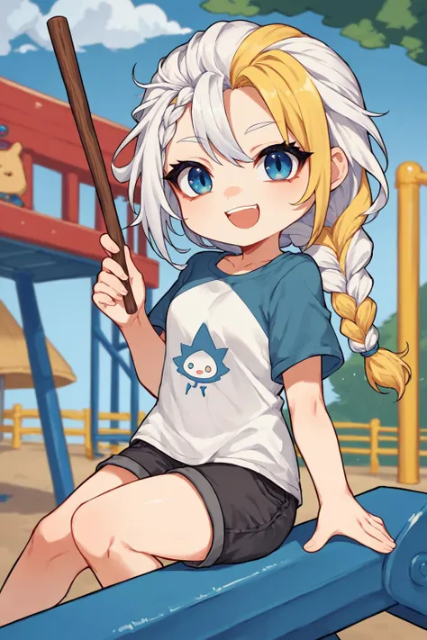 score_9, score_8_up, 1girl, <lora:jainaproudmoore-wc-richy-v1_pdxl:1> jainapost, multicolored hair, white hair, yellow hair, single braid, chibi, wide smile, open mouth, missing tooth, looking at the viewer, smile, shorts, blue t-shirt, holding a stick, playground, bandaid, solo