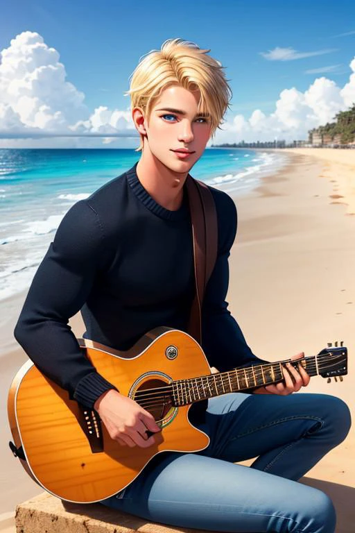 18 year old guy, blonde hair, blue eyes, freckles, playing guitar, sitting on the beach, wearing black sweater, blue jeans, muscular