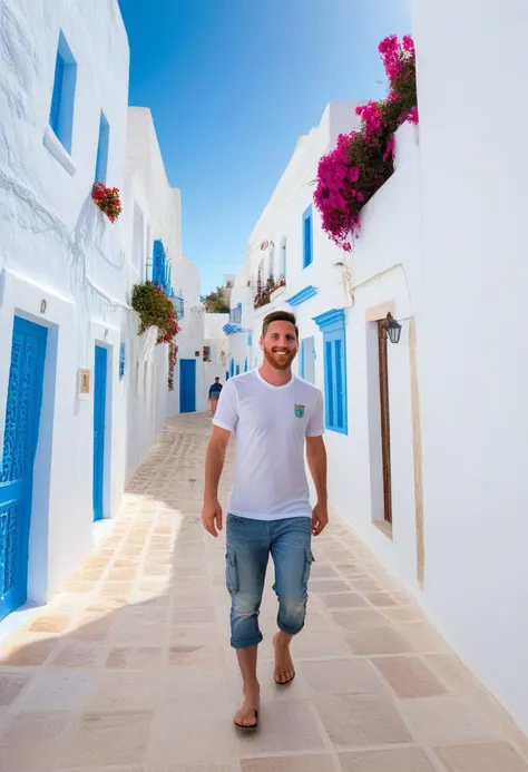 An ultra-realistic photo of Lionel Messi casually walking through the picturesque streets of Sidi Bou Saïd in La Marsa, Tunisia. The scene is vibrant, with Messi wearing casual clothes as he strolls past the iconic white and blue buildings that define the area. In the background, you can see the Mediterranean Sea sparkling under the bright sunlight, and the narrow cobbled streets lined with colorful flowers and traditional Tunisian architecture. Messi looks relaxed and happy, blending into the peaceful and authentic atmosphere of the town.