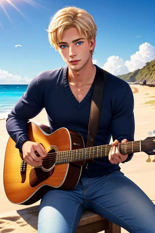 18 year old guy, blonde hair, blue eyes, freckles, playing guitar, sitting on the beach, wearing black sweater, blue jeans, muscular