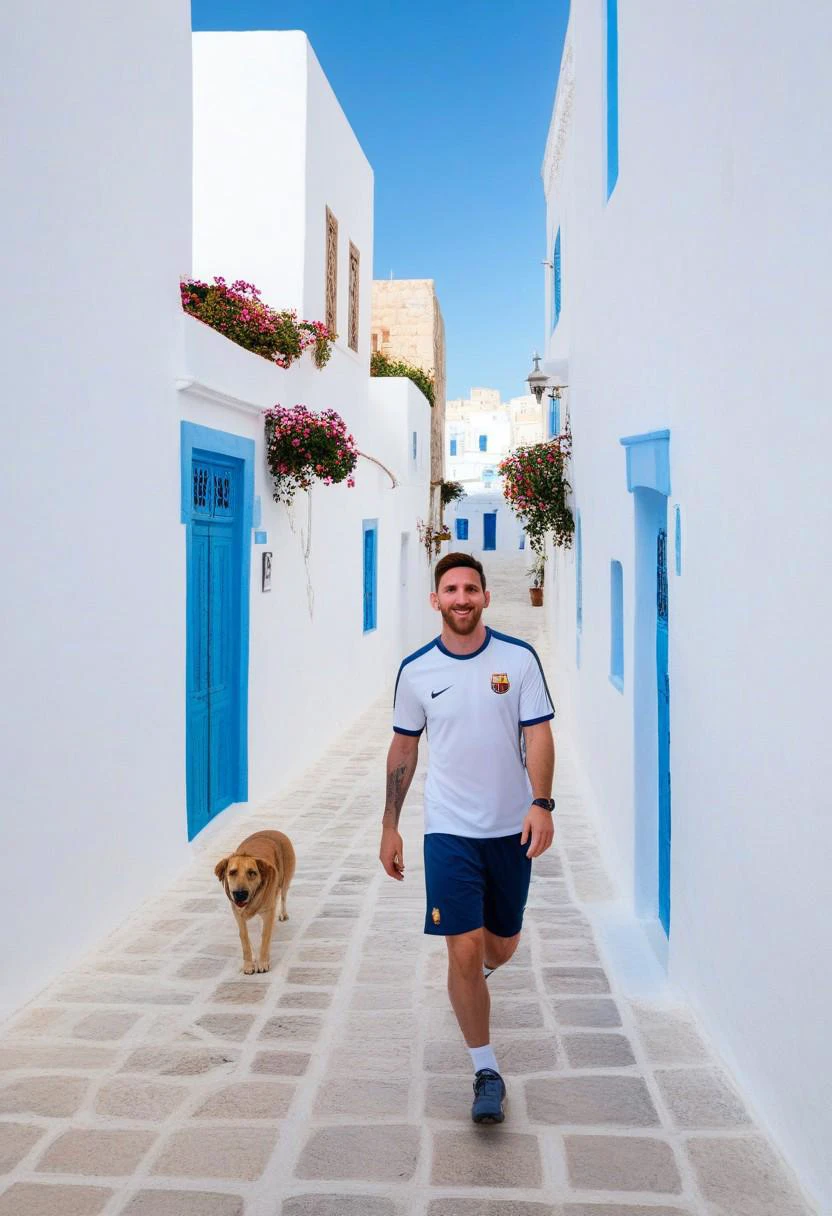 An ultra-realistic photo of Lionel Messi casually walking through the picturesque streets of Sidi Bou Saïd in La Marsa, Tunisia. The scene is vibrant, with Messi wearing casual clothes as he strolls past the iconic white and blue buildings that define the area. In the background, you can see the Mediterranean Sea sparkling under the bright sunlight, and the narrow cobbled streets lined with colorful flowers and traditional Tunisian architecture. Messi looks relaxed and happy, blending into the peaceful and authentic atmosphere of the town.
