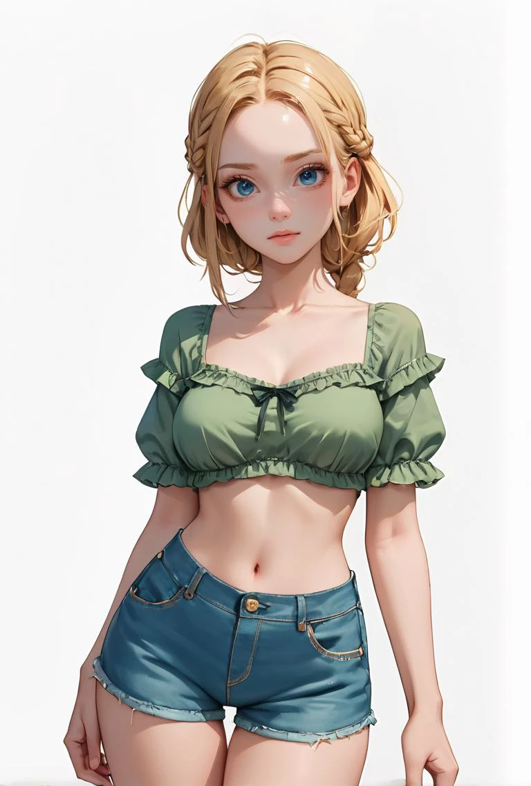core_9, score_8_up, score_7_up, 1woman,20 years old, berber, golden blonde dutch braid hair, deep blue eyes, worry face, voluptuous body, Size G breasts, dressed with seafoam green ruffle blouse and denim shorts, ballet flats soft natural light, ,