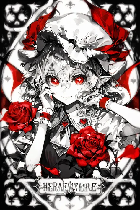 (score_9,score_8_up,score_7_up),masterpiece,best quality,2girls,multiple girls,flandre scarlet,remilia scarlet,monochrome,greyscale,siblings,hat,sisters,mob cap,wings,rotational symmetry,playing card,looking at viewer,card,ascot,flower,jewelry,hat ribbon,bat wings,ribbon,smile,spade \(shape\),card \(medium\),diamond \(shape\),crystal,brooch,symmetry,upper body,rose,closed mouth,medium hair,short sleeves,heart,pointy ears,holding hands,shirt,puffy short sleeves,diamond-shaped pupils,red flower,spot color,hair between eyes,leaf,hand on own face,heart brooch,third eye,hands up,puffy sleeves,holding card,red eyes,split screen,wide sleeves,red ribbon,red rose,slit pupils,sideways glance,one side up,vest,wrist cuffs,shiny colors miharu everanding \(meme\),meme,hand on own cheek,holding,hair ornament,fang,symbol-shaped pupils,from side,<lora:banpaiakiraXL_P6_lokr_V4236:0.9>,