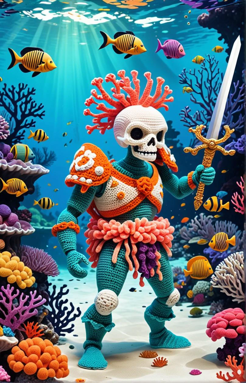 Skeleton with sword and shield, walking in beautiful bottom of the ocean, colorful coral reef, seaweed, Amigurami,