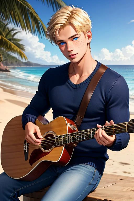 18 year old guy, blonde hair, blue eyes, freckles, playing guitar, sitting on the beach, wearing black sweater, blue jeans, muscular