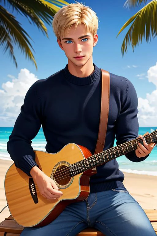 18 year old guy, blonde hair, blue eyes, freckles, playing guitar, sitting on the beach, wearing black sweater, blue jeans, muscular