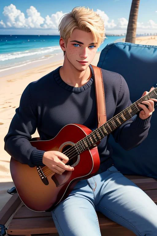 18 year old guy, blonde hair, blue eyes, freckles, playing guitar, sitting on the beach, wearing black sweater, blue jeans, muscular