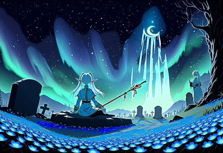 nereirfpnxl, Portrays melancholic scene, featuring full body Frieren a elf mage, pointy ears, green eyes, white hair, twintails, gazing at the distant horizon, she is almost ethereal form, with blue light particles ascending, nocturnal setting. Frieren is undergoing a process of dissolution,gradually transforming into blue, glowing particles ascend towards the night sky like the aurora borealis. The character is positioned around a stone tomb, with 03 additional simple tombs positioned behind it. in front of each of these tombstones is distinct item.
1. The front tombstone bears the following itema sword embedded in the ground, symbolising a fallen warrior. A floral arrangement of blue flowers is positioned adjacent to the sword
2. The second tombstone bears the following item:bottle of liquor with a rosary suspended around it, which may be interpreted as a spiritual tribute or offering.
3. The third tombstone bears the following item:open treasure chest with teeth, which lends the object a monstrous and menacing appearance, is positioned in front of the other items. Accompanying this is a staff adorned with a golden crescent moon and a circular ruby.
4. The fourth tombstone bears the distinct item:a large axe and a helmet with two horns in a Viking style .
valley with a dense nighttime forest background,mystical and solemn atmosphere.nereirfpnxl, frieren, negative_hand, ng_deepnegative_v1_75t, easynegative, verybadimagenegative_v1.3, By bad artist