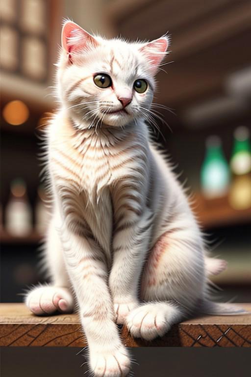 There is a white cat sitting on a wooden table - SeaArt AI