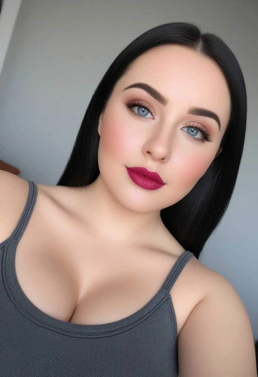 Pov view of you about to have sex with your curvy girlfriend. She has black hair and blue-grey eyes and raspberry lips and raspberry nail polis. She is wearing a dark sleeveless top with jeans. Corners of her mouth are slightly raised creating a faint smile.
The woman has oval-shaped face featuring soft, rounded contours and a gently curved jawline and round cheeks. She has black straight hair with a natural part slightly off-center. Her eyes are almond-shaped, medium-sized, and grey-blue in color, with a slight upward tilt at the outer corners, giving a subtle, lifted appearance. Her eyebrows are naturally shaped with a gentle arch, complementing her eye shape. She has a straight nose with a smooth bridge and a rounded tip that is proportionate to her face. Her lips are full, with a well-defined cupid's bow, Her skin is fair and smooth with an even complexion. The expression on her face is calm and neutral, with a slight pursing of the lips.
(PAWG, wide hips, Thicc, big ass, looking at the viewer, sexy, seductive, thick thighs, comfortable, cozy, straight hair, cleavage, large breasts, extended eyelashes, soft lighting, dark eyebrows, beautiful background, curvy)
