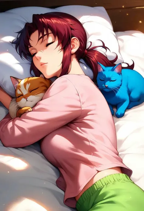 score_9, score_8_up, score_7_up, score_6_up, score_5_up, score_4_up, detailed eyes, detailed skin, source_anime, source_anime, masterpeice, best quality, very aesthetic, absurdres, BREAK,
1girl, ceiiai rrevyy, ponytail, brown eyes, shoulder tattoo, low ponytail, <lora:revy02-e05:1>, indoors, bed, bedroom, in bed, sleeping, eyes closed, pajamas, pajama pants, green pajama, cat, cuddling with cat, eyes closed, peacefully, snorring,