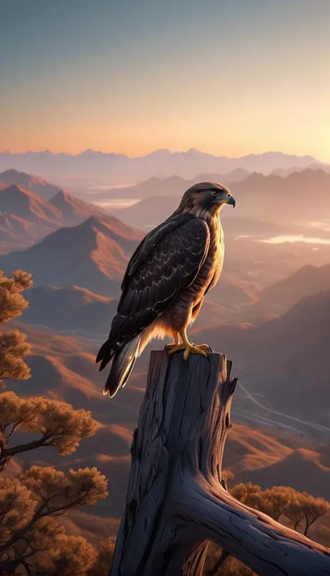 A hawk perched on a high branch, overlooking a sprawling mountain range at dawn, ultra_detailed, 8k, photorealistic, majestic and powerful, cinematic lighting