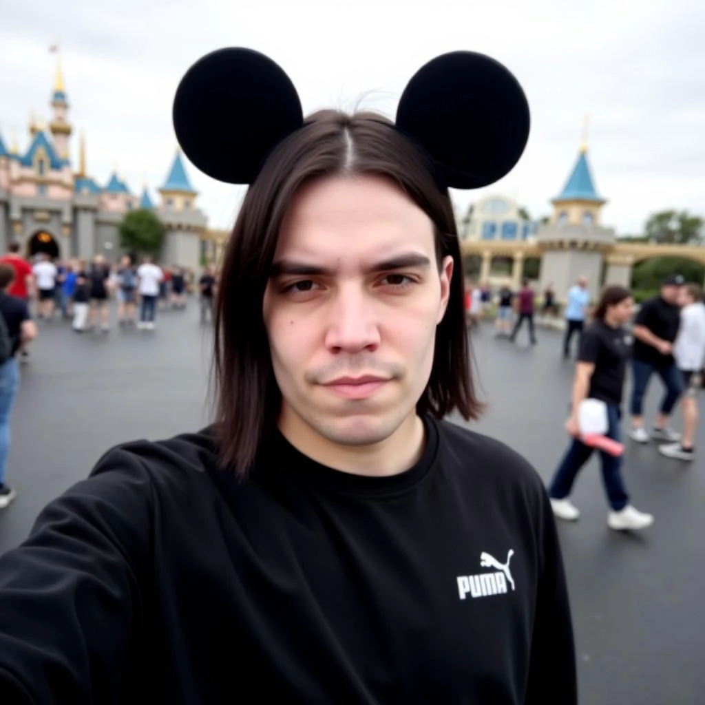 Metalyst, wearing mickey mouse ears at disneyland, outdoor, shoulder-length dark hair, black Puma sweatshirt, moody portrait, Front-facing, selfie, realistic, cloudy sky, male