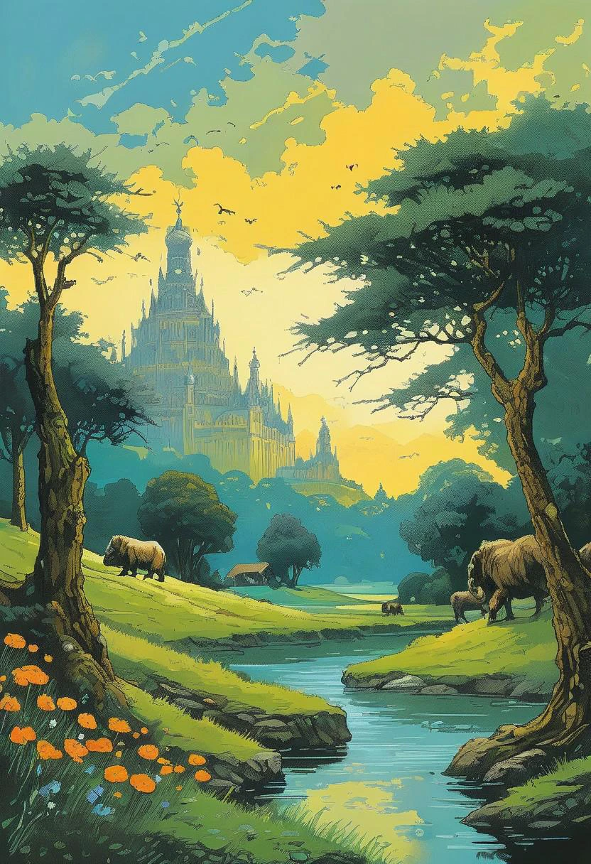 <lora:kallmekris:0.5> kallmekris mixed with <lora:esme_sdxl:0.5> esme , fantasy, fantasy art, A mystical forest filled with ancient trees, glowing flowers, and ethereal creatures like fairies and talking animals. animals, fairies, magical creatures, fantastic beasts, The atmosphere is both enchanting and eerie, with shadows of lurking dangers. In the center, a gateway to different realms. Bengali landscape, Indian landscape,, i oil painting, palette knife soft brushstrokes, heavy strokes, dripping paint, art station on trend, sharp focus, intricate details, highly detailed ,art by enki bilal, art by philippe druillet, art by moebius, inspired by french comics art ,art by Jakub Rozalski,