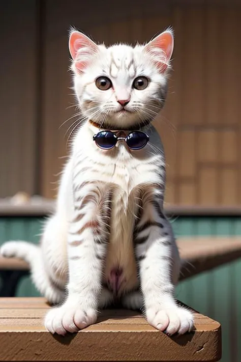 Capture a full hyper-realistic photograph of an adorable white kitten sitting on a bar, beer, wearing sunglasses, cutest in civitai, chubby cat, close up,