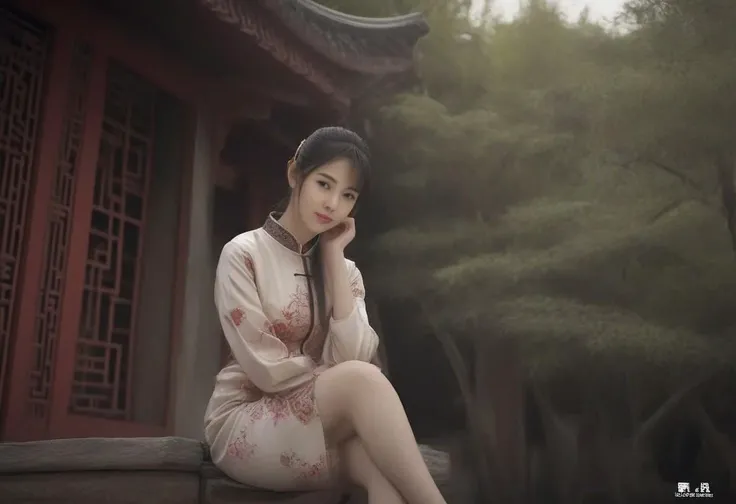 moxing style, Chinese pagoda, ancient Chinese garden, 1girl, upper body, sitting, detailed skin, Hi-resolution.