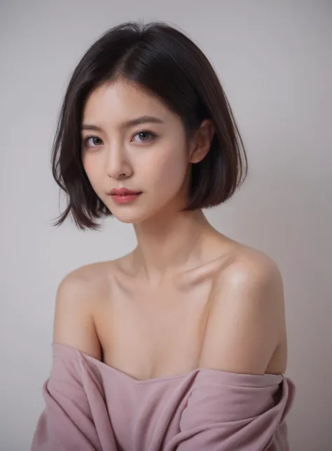 realistic, photorealistic, score_9,score_8_up,score_7_up, 20 years old, 8k, hd, beautiful girl, black hair, short hair,
1girl, detailed face, beautiful woman's face, looking at viewer, ((simple background)), offshoulder top,