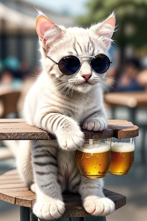 Capture a full hyper-realistic photograph of an adorable white kitten sitting on a bar, beer, wearing sunglasses, cutest in civitai, chubby cat, close up,
