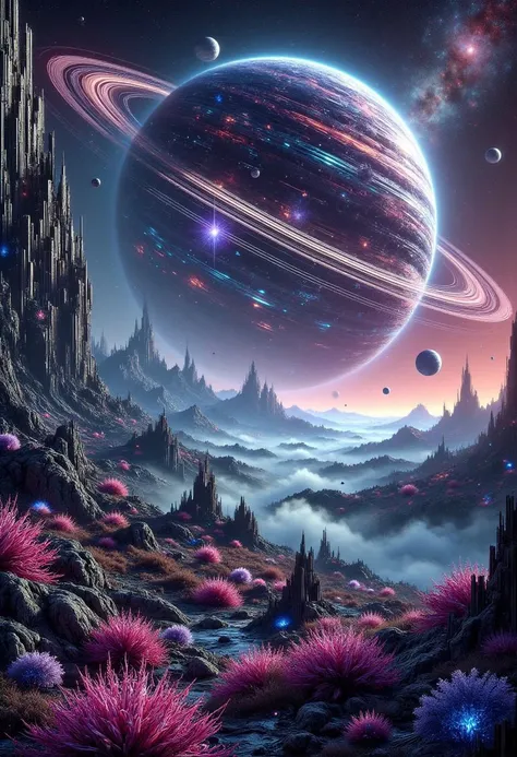 A dramatic landscape on an exoplanet with a breathtaking view of a ringed gas giant in the sky. The planet’s surface is rugged and alien, with strange rock formations and vibrant, otherworldly vegetation. The rings of the gas giant cast colorful shadows and reflections, creating a surreal and captivating environment.