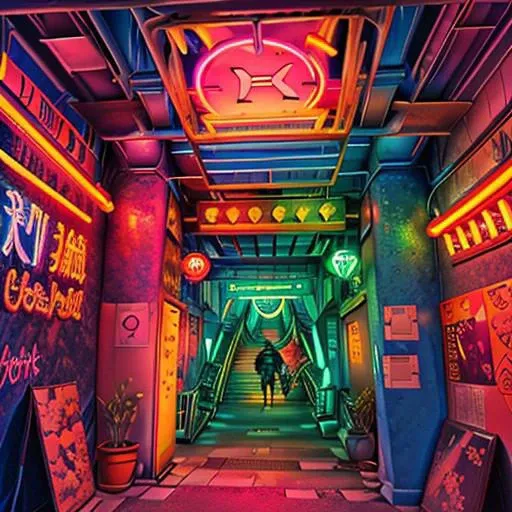 a stairway leading to a colorful building with a clock on the wall , neons, rimlight,