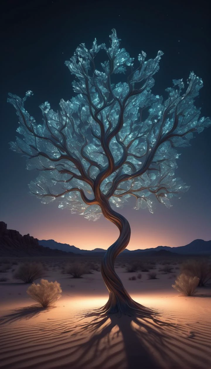 A tree made of glass growing in the middle of a glowing desert, each branch reflecting the moonlight, ultra_detailed, 8k, ethereal, wide-angle shot, cinematic composition