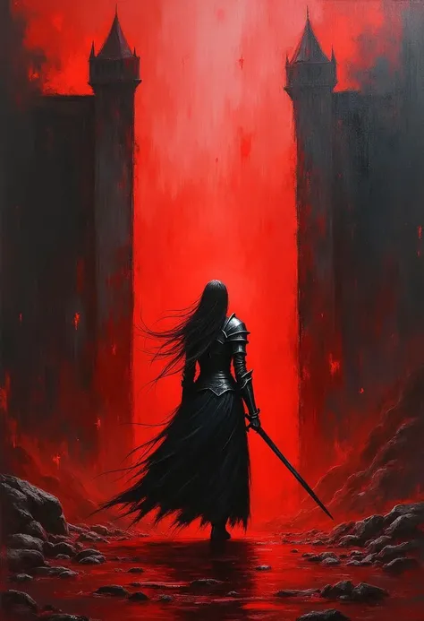 rough impressionistic oil painting, brush strokes, a lone female knight in armour approaches the gates of hell, dark, moody, red tones