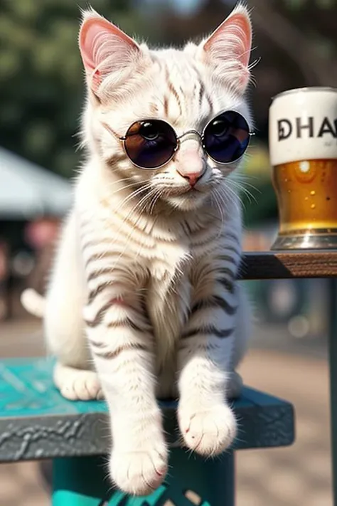 Capture a full hyper-realistic photograph of an adorable white kitten sitting on a bar, beer, wearing sunglasses, cutest in civitai, chubby cat, close up,