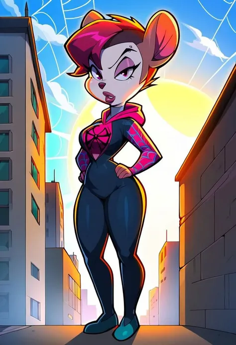 score_9, score_8_up, score_7_up, score_6_up, score_5_up, score_4_up, Nellie_Brie,beautiful girl ,(hooded suit, ((spider web print)), , tight skin, superhero, hood down, no mask, big breasts, standing, halftone, suit, cowboy photo, ((asymmetrical hair)), animation, lips parted ,, hood, ((undercut)), looking at viewer, ((city)), sun, sky, clouds, full body, on edge, looking down, ((white body)), hands on hips, ((pink spider web print)), detailed background, detailed face, detailed eyes, <lora:nellie:1>