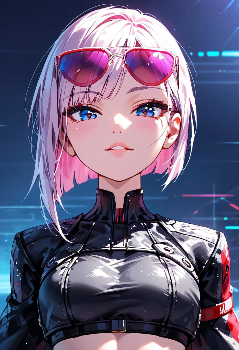 Minimalist vector illustration, woman character with pink sunglasses, futuristic environment, crop jacket with acute angular designs, diagonal design, bold background, intense expression, modern urban style, clean lines, high contrast, model aesthetics, close-up, full figure, perfectionism, sleek futuristic aesthetics, ng_deepnegative_v1_75t, Expressiveh.
