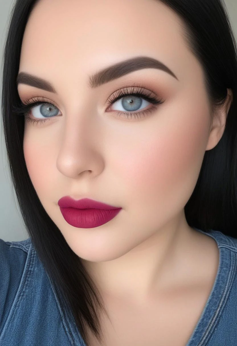 view of you about to have sex with your curvy girlfriend. She has black hair and blue-grey eyes and raspberry lips and raspberry nail polis. She is wearing a dark sleeveless top with jeans. Corners of her mouth are slightly raised creating a faint smile.
The woman has oval-shaped face featuring soft, rounded contours and a gently curved jawline and round cheeks. She has black straight hair with a natural part slightly off-center. Her eyes are almond-shaped, medium-sized, and grey-blue in color, with a slight upward tilt at the outer corners, giving a subtle, lifted appearance. Her eyebrows are naturally shaped with a gentle arch, complementing her eye shape. She has a straight nose with a smooth bridge and a rounded tip that is proportionate to her face. Her lips are full, with a well-defined cupid's bow, Her skin is fair and smooth with an even complexion. The expression on her face is calm and neutral, with a slight pursing of the lips.
(PAWG, wide hips, Thicc, big ass, looking at the viewer, sexy, seductive, thick thighs, comfortable, cozy, straight hair, cleavage, large breasts, extended eyelashes, soft lighting, dark eyebrows, beautiful background, curvy)