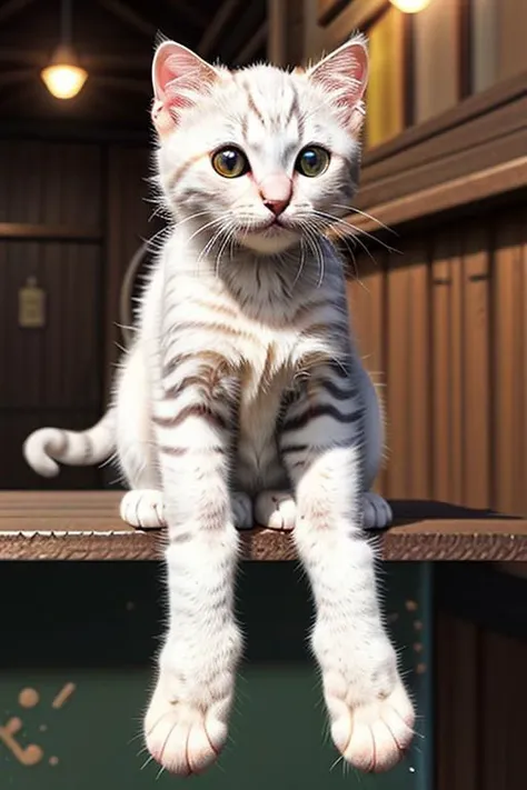 Capture a full hyper-realistic photograph of an adorable white kitten sitting on a bar, beer, wearing sunglasses, cutest in civitai, chubby cat, close up,